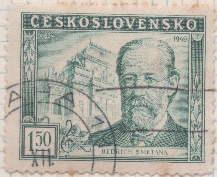 Sello E00449: hoja 31, Checoslovaquia: Sello Verde dentado. Compositor Bedrich Smetana, 1,5 Koruna
