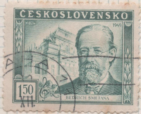 Sello E00449: hoja 31, Checoslovaquia: Sello Verde dentado. Compositor Bedrich Smetana, 1,5 Koruna