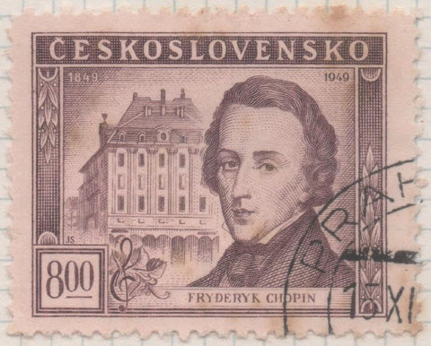 Sello E00448: hoja 31, Checoslovaquia: Sello Maron violaceo dentado. Cent Muerte de Chopin, 5 Koruny
