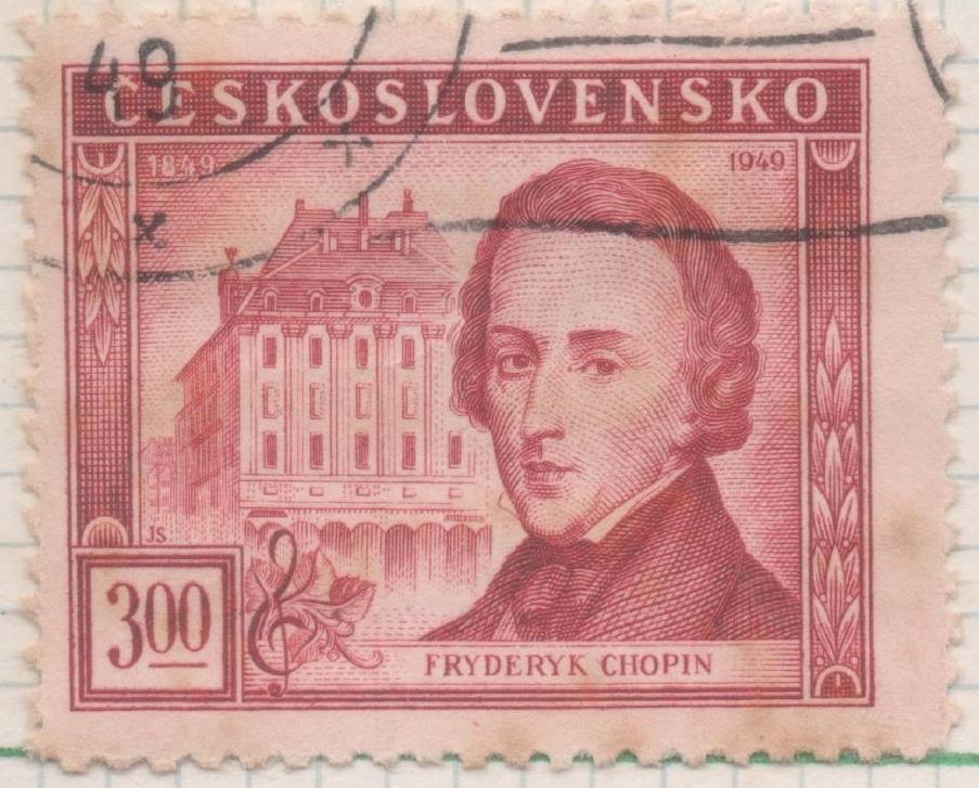 Sello E00447: hoja 31, Checoslovaquia: Sello Rojo oscuro dentado. Cent. Muerte de Chopín, 3 Koruny