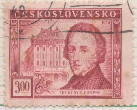 Sello E00447: hoja 31, Checoslovaquia: Sello Rojo oscuro dentado. Cent. Muerte de Chopín, 3 Koruny