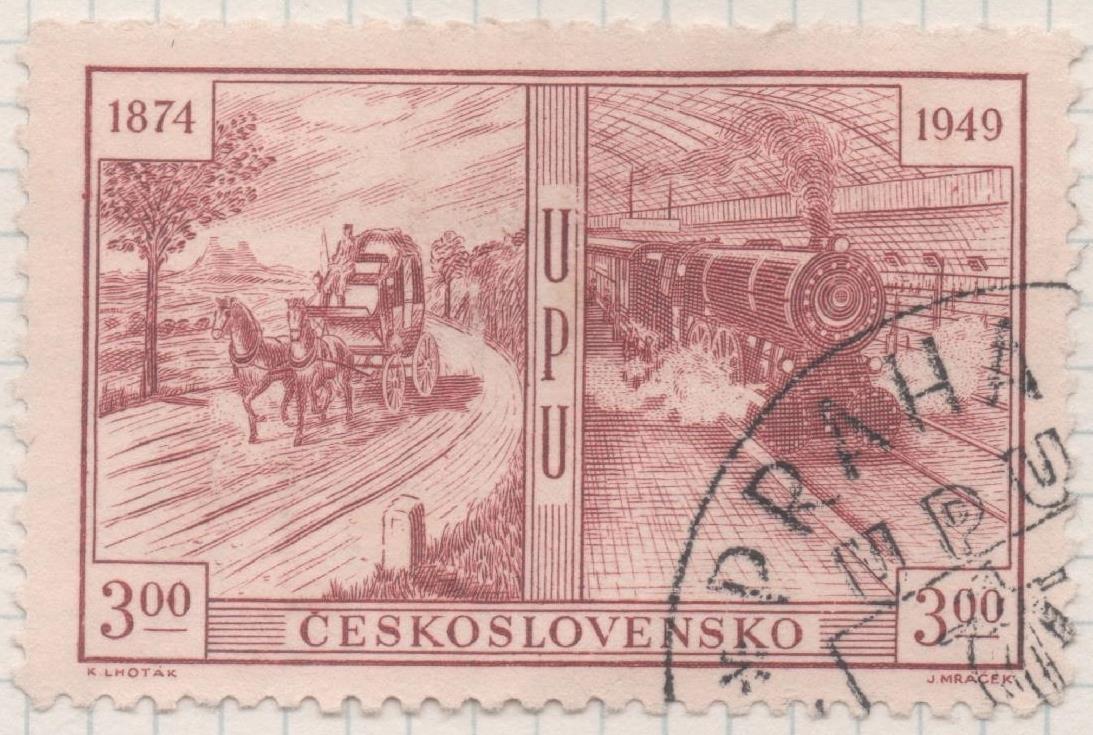 Sello E00441: hoja 31, Checoslovaquia: Sello Marron claro dentado. 75 Aniv. De la UPU, 3 Koruny