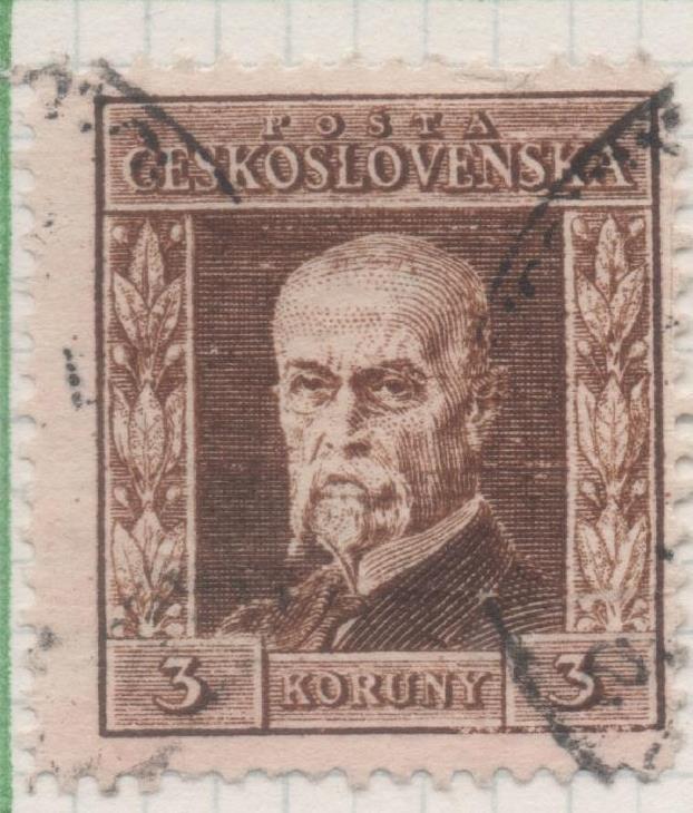 Sello E00098: hoja 10, Checoslovaquia: Sello Marron dentado. Presidente Masaryk. 3 Koruny