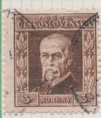Sello E00098: hoja 10, Checoslovaquia: Sello Marron dentado. Presidente Masaryk. 3 Koruny