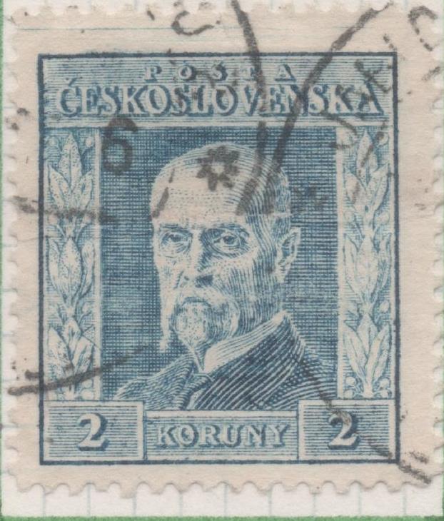 Sello E00097: hoja 10, Checoslovaquia: Sello Azul dentado. Presidente Masaryk, 2 Koruny