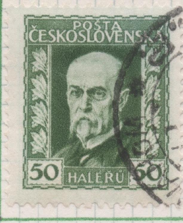 Sello E00094: hoja 10, Checoslovaquia: Sello Verde dentado. Presidente Masaryk, 50 Haleru