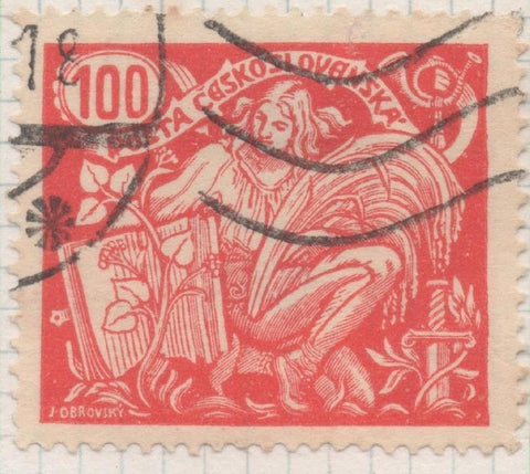 Sello E00090: hoja 10, Checoslovaquia: Sello Rojo perforado. Agricultura y Ciencia, 100 Haleru