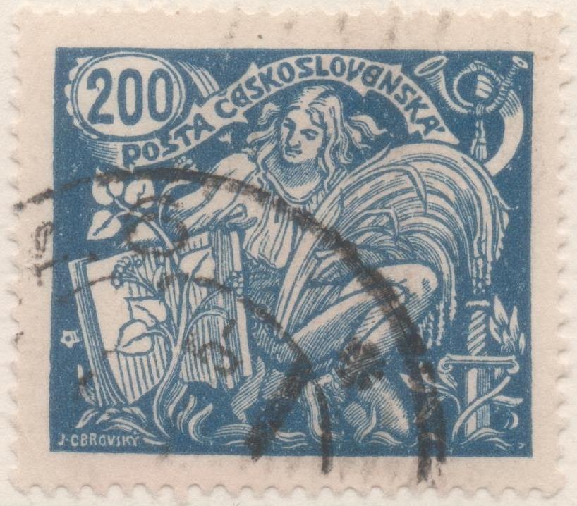 Sello E00085: hoja 9, Checoslovaquia: Sello Azul dentado. Agricultura y Ciencia, 200 Haleru