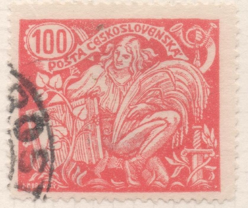 Sello E00084: hoja 9, Checoslovaquia: Sello Naranja dentado. Agricultura y Ciencia, 100 Haleru