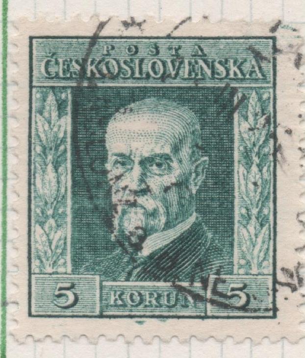 Sello E00099: hoja 10, Checoslovaquia: Sello Verde oscuro. Dentado. Presidente Masaryk, 5 Koruny