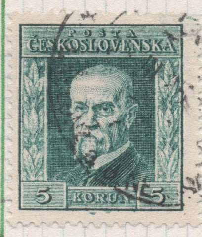 Sello E00099: hoja 10, Checoslovaquia: Sello Verde oscuro. Dentado. Presidente Masaryk, 5 Koruny