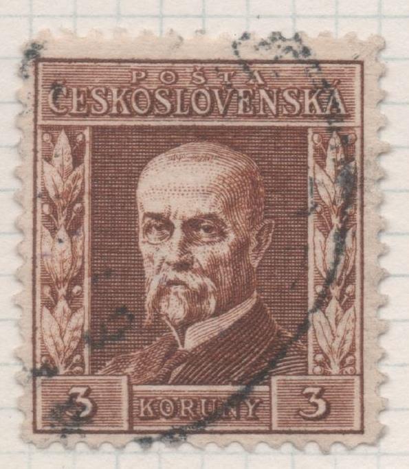 Sello E00102: hoja 10, Checoslovaquia: Sello Marron dentado. Form 18 1/82 x 21 1/2. Presidente Masaryk, 3 Koruny