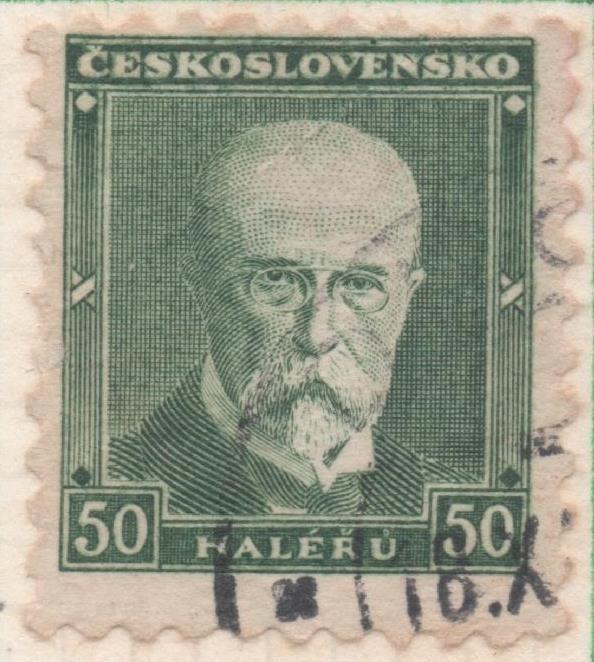 Sello E00130: hoja 12, Chescolovaquia: Sello Verde oscuro dentado. T.G Masaryk, 50 Haleru 