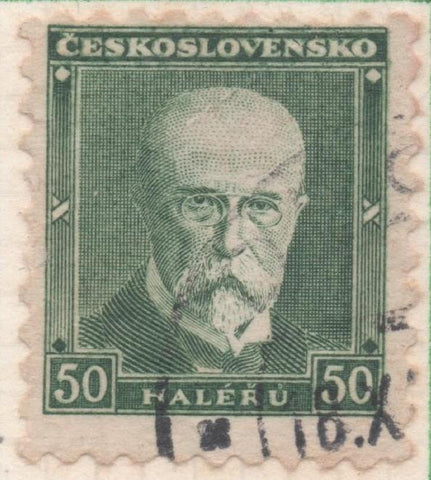 Sello E00130: hoja 12, Chescolovaquia: Sello Verde oscuro dentado. T.G Masaryk, 50 Haleru 
