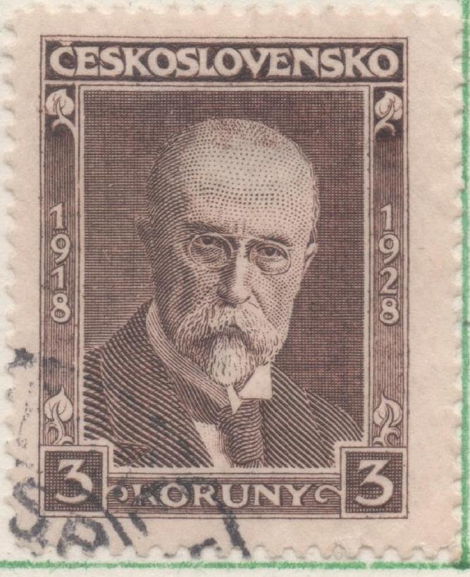 Sello E00129: hoja 12, Checoslovaquia: Sello Marron dentado. Presidente Masaryk 10º Aniversario de la Independencia, 3 Koruny