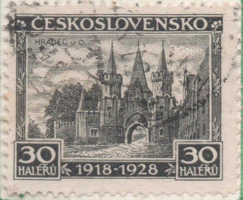 Sello E00126: hoja 12, Checoslovaquia: Sello Negro dentado. 10º Aniversario de la Independencia, 30 Haleru