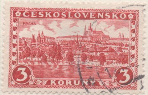 Sello E00123: hoja 12, Checoslovaquia: Sello Rojo dentado. Vista de Hrdacany en Praga, 3 Koruny