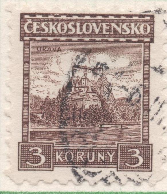 Sello E00121: hoja 12, Checoslovaquia: Sello Marron dentado. Castillo de Orava, sin filigrana, 3 Koruny
