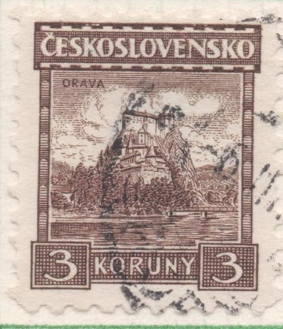 Sello E00121: hoja 12, Checoslovaquia: Sello Marron dentado. Castillo de Orava, sin filigrana, 3 Koruny