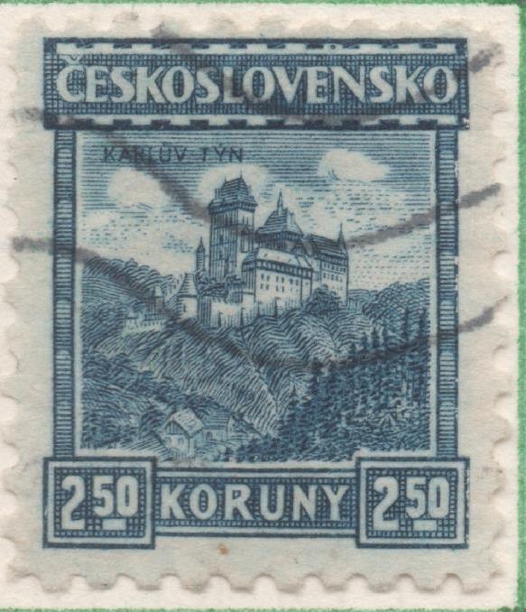 Sello E00120: hoja 12, Checoslovaquia: Sello Azul oscuro dentado. Castillo de de Karlštejn, sin filigrana, 2,50 Koruny