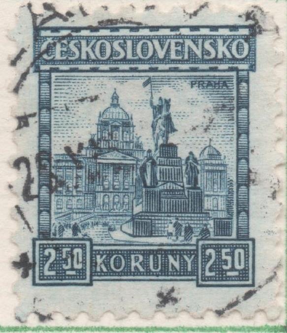 Sello E00119: hoja 12, Checoslovaquia: Sello Azul oscuro dentado.  Estàtua de Sant Vinceslau i Museu Nacional de Praga , sin filigrana, 2,50 Koruny