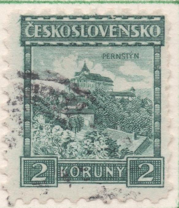 Sello E00118: hoja 12, Checoslovaquia: Sello Verde oscuro dentado. Castillo de Pernstein, sin filigrana, 2 Koruny