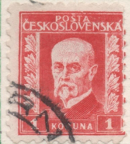 Sello E00113: hoja 11, Checoslovaquia: Sello Rojo dentado. Presidente Masaryk, 1 Koruna