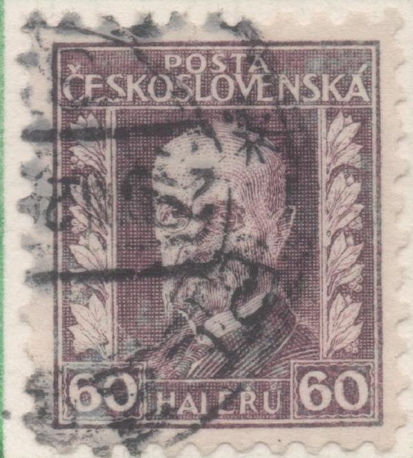 Sello E00112: hoja 11, Checoslovaquia: Sello Marron oscuro dentado. Presidente Masaryk, 60 Haleru