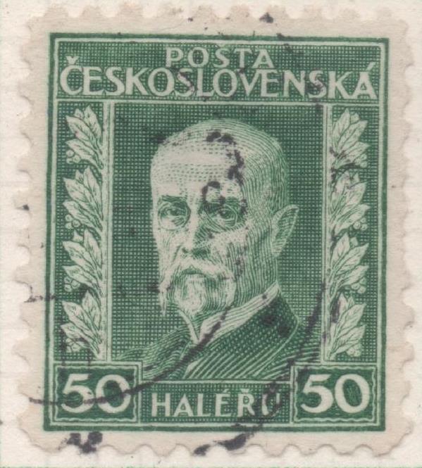 Sello E00111: hoja 11, Checoslovaquia: Sello Verde oscuro dentado. Presidente Masaryk, 50 Haleru