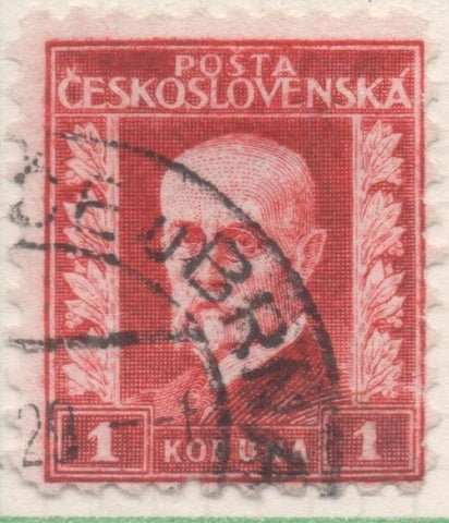 Sello E00109: hoja 11, Checoslovaquia: Sello Rojo oscuro dentado. Presidente Masaryk 1 Koruna