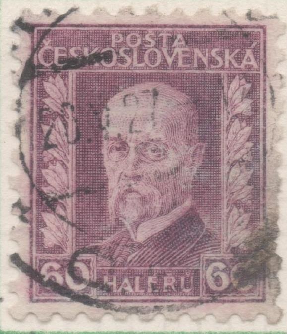 Sello E00108: hoja 11, Checoslovaquia: Sello Violeta dentado. Presidente Masaryk, 60 Haleru
