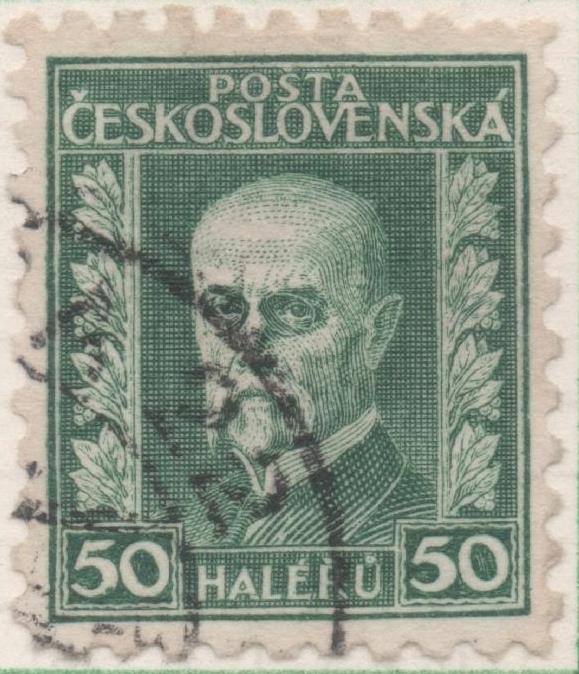 Sello E00107: hoja 11, Checoslovaquia: Sello Verde oscuro dentado. Presidente Masaryk, 50 Haleru