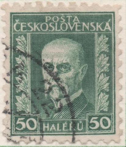 Sello E00107: hoja 11, Checoslovaquia: Sello Verde oscuro dentado. Presidente Masaryk, 50 Haleru