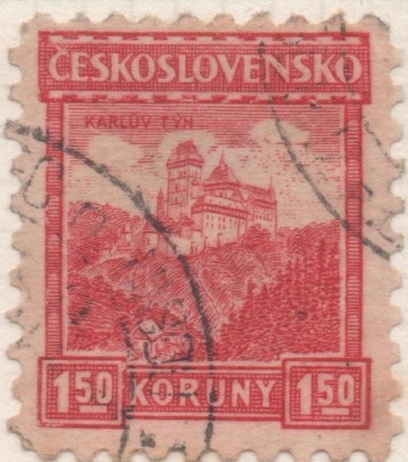 Sello E00105: hoja 11, Checoslovaquia: Sello Rojo  dentado. Casa de Karluv Tyn. 1,50 Koruny