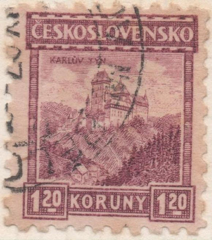 Sello E00104: hoja 11, Checoslovaquia: Sello Lila claro dentado. Casa de Karluv Tyn, 1,20 Koruny