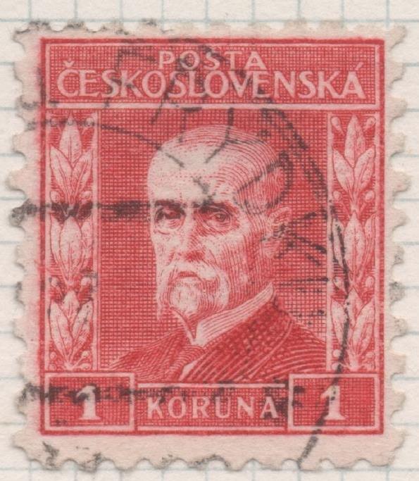 Sello E00103: hoja 10, Checoslovaquia: Sello Rojo oscuro dentado. Form 19x21 1/2. Presidente Masaryk, 1 Koruna