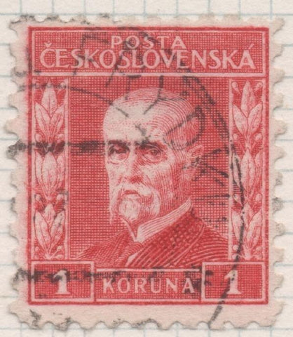 Sello E00103: hoja 10, Checoslovaquia: Sello Rojo oscuro dentado. Form 19x21 1/2. Presidente Masaryk, 1 Koruna