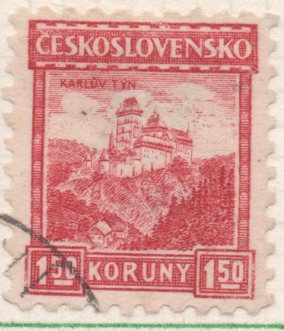 Sello E00117: hoja 12, Checoslovaquia: Sello Rojo oscuro dentado. Castillo de Karlštejn Sin filigrana, 1,50 Koruny