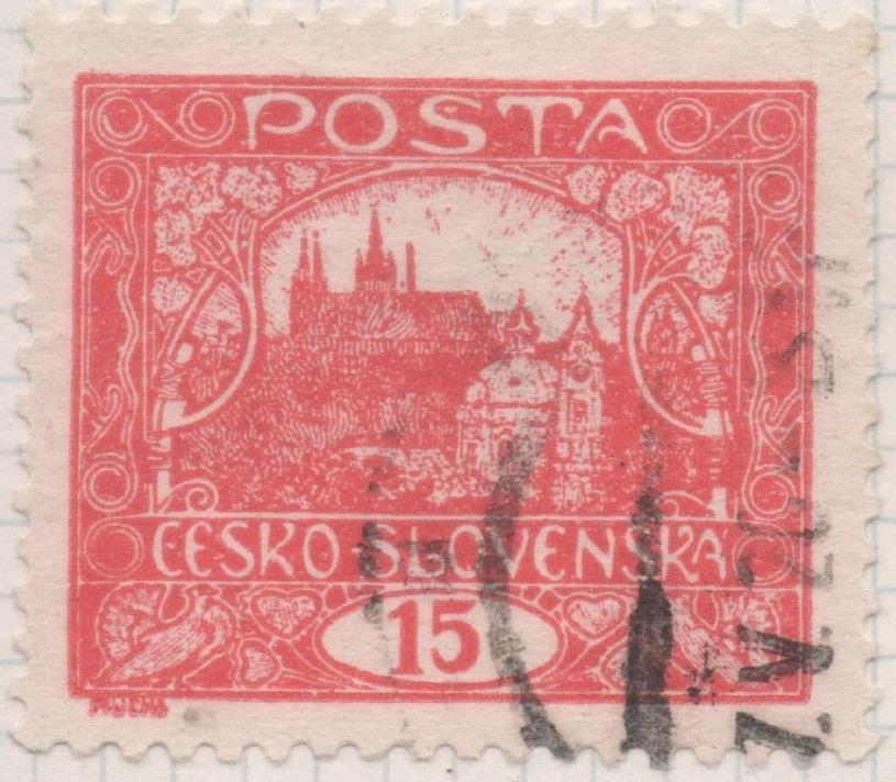 Sello E00031: hoja 2, Checoslovaquia: Sello Rojo perforado.Vista de Hradcany (Casa de Praga), 15 Haleru