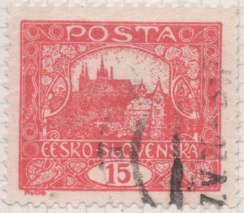 Sello E00031: hoja 2, Checoslovaquia: Sello Rojo perforado.Vista de Hradcany (Casa de Praga), 15 Haleru