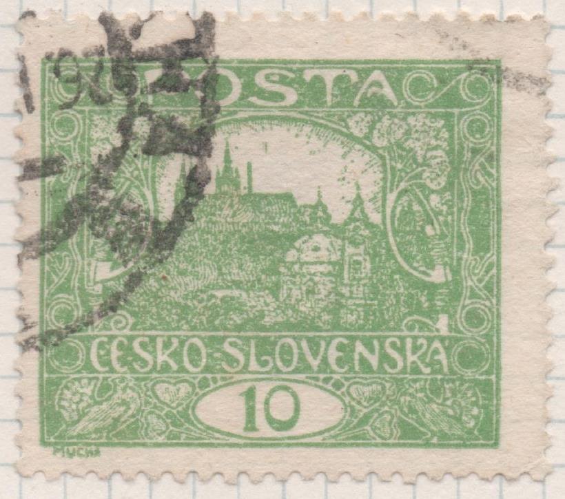 Sello E00030: hoja 2, Checoslovaquia: Sello Verde perforado. Vista de Hradcany (Casa de Praga), 10 Haleru