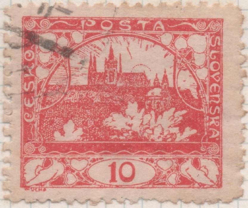 Sello E00029: hoja 2, Checoslovaquia: Sello Rojo perforado. Vista de Hradcany (Casa de Praga), 10 Haleru