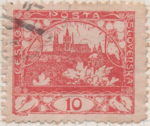 Sello E00029: hoja 2, Checoslovaquia: Sello Rojo perforado. Vista de Hradcany (Casa de Praga), 10 Haleru