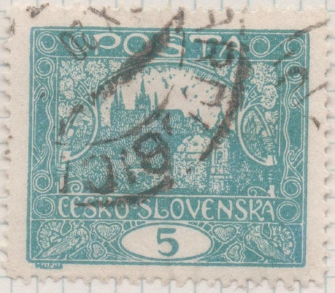 Sello E00028: hoja 2, Checoslovaquia: Sello Azul claro perforado. Vista de Hradcany (Casa de Praga), 5 Haleru