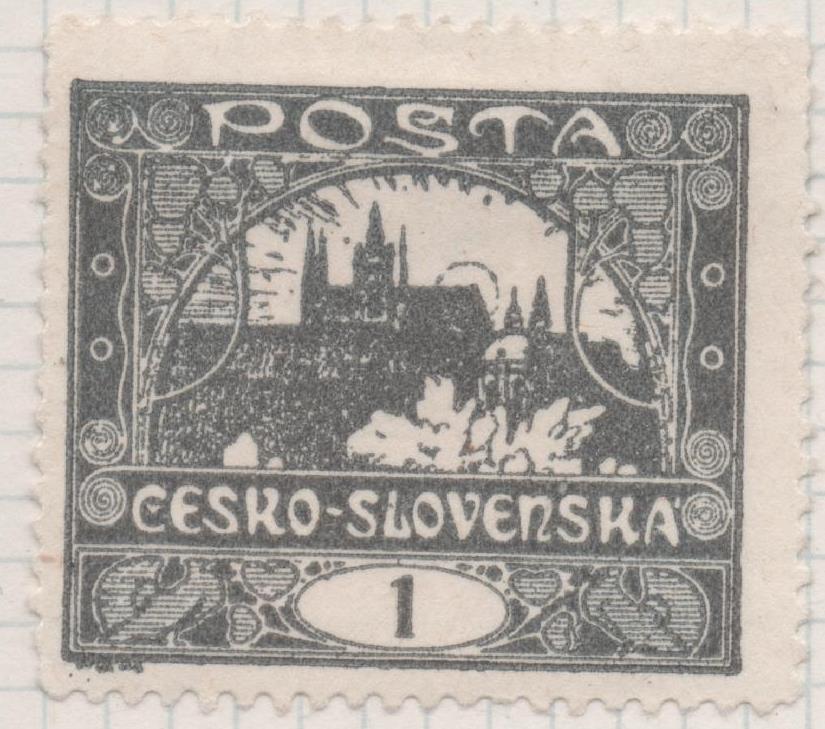 Sello E00026: hoja 2, Checoslovaquia: Sello Gris perforado. Vista de Hradcany (Casa de Praga), 1 Haleru