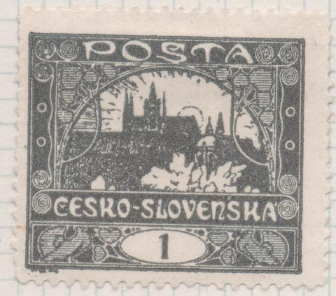Sello E00026: hoja 2, Checoslovaquia: Sello Gris perforado. Vista de Hradcany (Casa de Praga), 1 Haleru