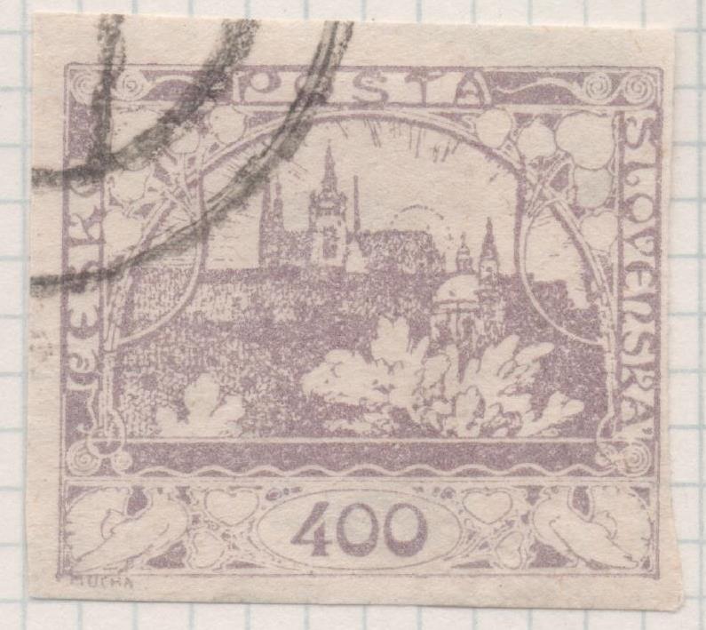 Sello E00023: hoja 2, Checoslovaquia: Sello Lila claro sin perforar. Vista de Hradcany (Casa de Praga), 400 Haleru