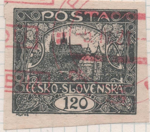 Sello E00020: hoja 2, Checoslovaquia: Sello Negro sin perforar. Vista de Hradcany (Casa de Praga), 120 Haleru 