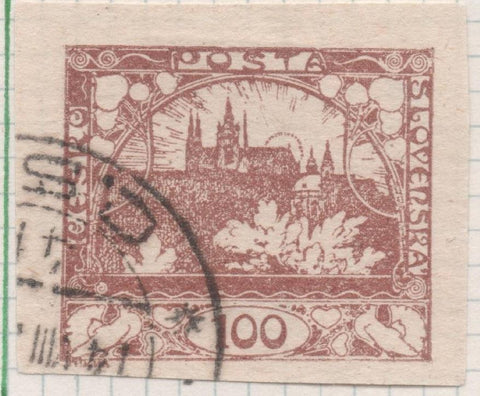 Sello E00019: hoja 2, Checoslovaquia: Sello mron sin perforar. Vista de Hradcany (Casa de Praga), 100 Haleru