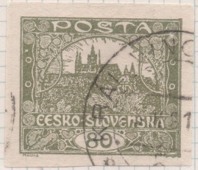 Sello E00018: Hoja 2, Checoslovaquia: SelloVerde sin perforar. Vista de Hrdcany (Casa de Praga), 80 Haleru  